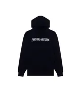 Buzo hoodie negro con bolsillo tipo canguro y estampado del logo de la marca en color blanco.