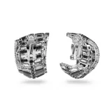 Aros de clip con baño de rodio, con piedras negras y transparentes engarzadas en forma de media luna. Cierre de clip.