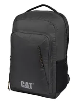 Mochila negra de poliéster ripstop 450D con detalles de cordón. Tiene un compartimento principal grande con bolsillo interior forrado, logotipo reflectante estampado, bolsillos laterales de malla, bolsillo frontal con cremallera y panel organizador con ranuras para bolígrafos y cordón para llaves.