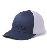 Gorra de béisbol Columbia color beige con paneles traseros de malla azul marino y logo de la marca bordado en el frente.