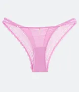 Bombacha bikini color lila con laterales finos, confeccionada en encaje con detalles de tul y microfibra.
