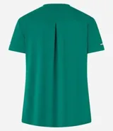 Remera deportiva blanca texturizada, con cuello redondo, manga corta, detalle reflectante y pliegue en la espalda.
