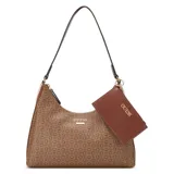Cartera Guess modelo Carris Chica, color marrón con estampado del logo de la marca. Incluye correa de hombro marrón y monedero extraíble con cierre.