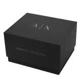 Reloj Armani Exchange modelo Dante con caja de acero inoxidable color negro de 42mm de diámetro, esfera negra con detalles en blanco y pulsera de eslabones de acero inoxidable color negro. Incluye una pulsera de eslabones de acero inoxidable color negro.