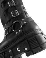 Borcegos de cuero premium negros, con múltiples hebillas decorativas y suela gruesa.