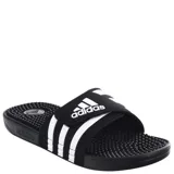 Chanclas Adidas Adissage negras con rayas blancas y plantilla con puntos de masaje.