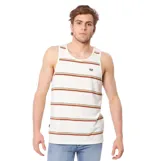 Musculosa blanca con cuello redondo y sisas amplias, con franjas horizontales en tonos marrón, amarillo y rojo. Posee un pequeño logo bordado en el pecho.