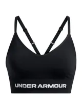 Top deportivo negro Under Armour con escote en V, tirantes finos y logo de la marca en el contorno inferior. Ideal para actividades de bajo impacto.
