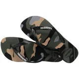 Ojotas Havaianas Top Camu con estampado de camuflaje en tonos verde, marrón, negro y gris. Tiras negras con logo Havaianas en blanco.