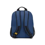 Mochila negra con estampado geométrico, logo de Caterpillar en el frente, anillo en D, tiradores de cremallera negro mate, tirantes ajustables de malla elástica, bolsillo portaobjetos y ranuras para bolígrafos en el compartimento principal, compartimento trasero principal con bolsillo acolchado para un portátil.