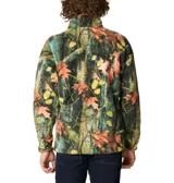 Polar Columbia de hombre con estampado geométrico en tonos azul, celeste y marrón. Tiene cuello alto, cierre de botones a presión y bolsillo con cierre en el pecho.