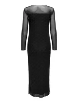 Vestido negro con lunares plateados, corte ajustado, largo a la rodilla, escote redondo y mangas largas de tul transparente.