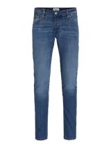 Pantalón de jean de corte slim fit, color azul denim, con tiro bajo, rodilla ajustada y pierna ceñida.