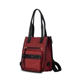 Mochila cartera color bordó con detalles en negro, confeccionada en material resistente. Tiene doble asa de mano y correas traseras regulables. Cuenta con dos bolsillos frontales con cierre y cierre principal.