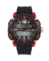 Reloj Mistral deportivo con correa de silicona negra y caja roja.