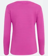 Blusa de punto rosa con textura acanalada, cuello redondo y mangas largas.