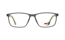 Armazón de lentes rectangular color gris musgo con patillas color beige.