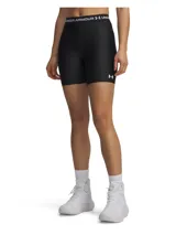 Shorts de compresión ajustados Under Armour HeatGear, color negro liso, con cintura elástica ancha que lleva el logo de la marca repetido en blanco. Presenta el logo de la marca en la pierna izquierda.