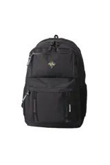 Mochila negra con múltiples compartimentos con cierre, bolsillos laterales de malla y correas ajustables con el logo de la marca Discovery. Presenta un parche frontal decorativo y tiradores de cierre personalizados.