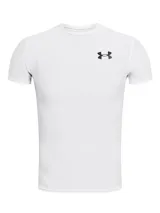 Remera de compresión blanca Under Armour HeatGear de manga corta con logo negro en el pecho y en la banda para el pelo.