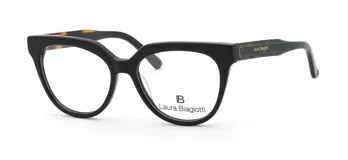 Armazón para anteojos Laura Biagiotti, de acetato color negro, con forma rectangular redondeada y patillas con detalle carey.