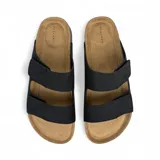 Sandalias negras con dos tiras anchas con costuras en forma de X, plantilla de corcho y suela de goma.