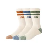 Pack de tres pares de medias New Balance unisex, color crudo con rayas horizontales en marrón, azul y verde.