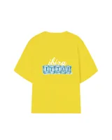Remera marrón de corte holgado con estampado en la espalda que incluye la palabra 'Ibiza' y la frase 'It Itai' sobre bloques de hielo.