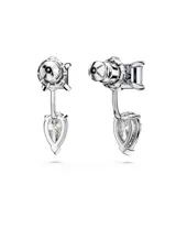 Aros ear jacket plateados con cristales Swarovski azules cuadrados y cristales Swarovski blancos en forma de pera.