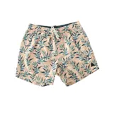 Short de baño estampado en tonos verde y beige, con cintura elástica ajustable con cordón, dos bolsillos laterales y uno trasero.