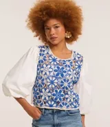 Blusa con cuerpo de tejido de ganchillo (crochet) bicolor azul y blanco con diseño floral, mangas largas abullonadas de tejido liso blanco y cuello redondo.