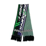 Bufanda tejida con diseño jacquard en verde, negro, blanco y violeta. Incluye un marcador solid mixeado para graff.
