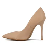 Zapato de tacón alto Vizzano, color nude, con punta fina y detalle de logo dorado en el lateral.