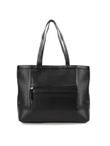 Cartera shopper negra de cuero vacuno con perforaciones y logo metálico de la marca. Incluye un colgante con borla de cuero.
