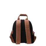 Mochila pequeña combinada en tonos beige, rosa y amarillo, con bolsillo frontal acolchado y bordado con la frase 'paix amour bonheur'.