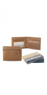 Billetera marrón de cuero liso, con cierre de cremallera en el exterior, interior con visor, espacio para tarjetas y división para billetes.