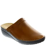 Zuecos de cuero color tostado para mujer, con diseño de punta cerrada y talón abierto. Presentan una suela de plataforma tipo cuña y detalles de costuras decorativas en la capellada.