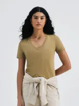 Remera gris de corte clásico, con cuello en V y mangas cortas.