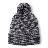 Gorro de lana Columbia Bundle Up II, tejido con patrón de trenzas en tonos de gris, blanco y negro. Tiene forro polar y pompón en la parte superior.