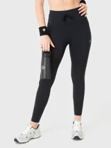 Calza deportiva larga negra con cintura alta ajustable con cordón y bolsillo lateral.