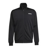Campera deportiva Adidas negra con cierre frontal, cuello alto y logo blanco en el pecho. Pantalón deportivo negro con cintura elástica y logo blanco en la pierna.