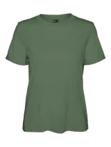 Remera verde militar de algodón orgánico con cuello redondo, mangas cortas con dobladillo y calce regular.