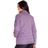 Campera negra acolchada con cierre frontal, cuello alto con interior amarillo y bolsillos laterales con cierre. Logo de la marca en la manga izquierda. Resistente al agua y al viento.