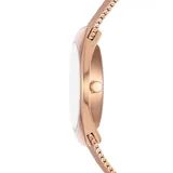Reloj Skagen para mujer, modelo Solar Powered, con caja de acero color oro rosa de 26mm y malla metálica a tono. Esfera blanca mate con números arábigos y agujas en oro rosa. Resistente al agua hasta 30 metros.