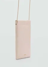 Funda para celular color rosa claro con diseño acolchado de rombos y correa larga ajustable.