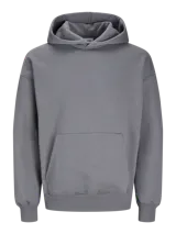 Hoodie gris de manga larga con capucha, corte holgado y bolsillo canguro.