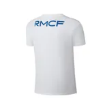 Remera blanca de algodón con cuello redondo y mangas cortas. Estampado en el pecho con el escudo del Real Madrid y las siglas RMCF.