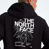 Hoodie negro con capucha y cordones ajustables. Estampado en la espalda con el logo de The North Face y diseño de montaña. Bolsillos laterales y corte regular.