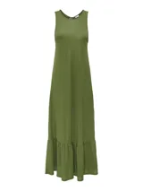 Vestido largo verde oliva sin mangas, con cuello redondo y corte recto.