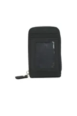 Billetera pequeña de tela color azul marino con cierre de cremallera y tirador de cuero.